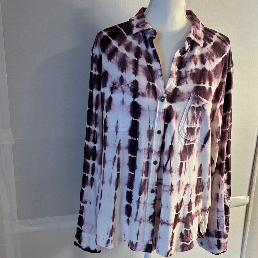 Rock & Republic Womens Long Sleeve Purple/White Tie Dye Shirt. Sz L